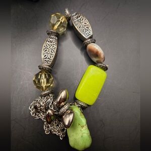 Chunky Artisan Charm Bracelet | Green Stone & Faceted Glass | Boho Statement